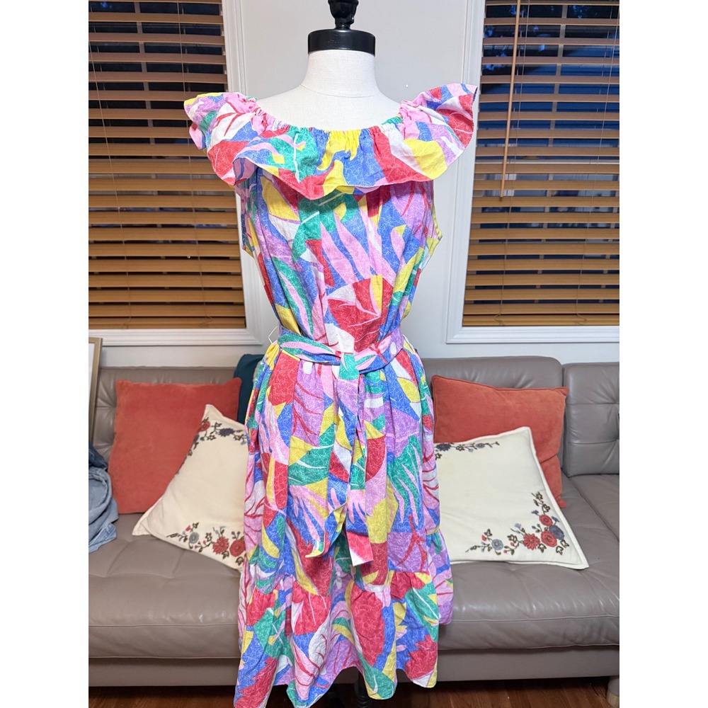 VTG 80s MIdi Dress Rosemary Long for New Perspective Abstract Leaf Ruffle  1X